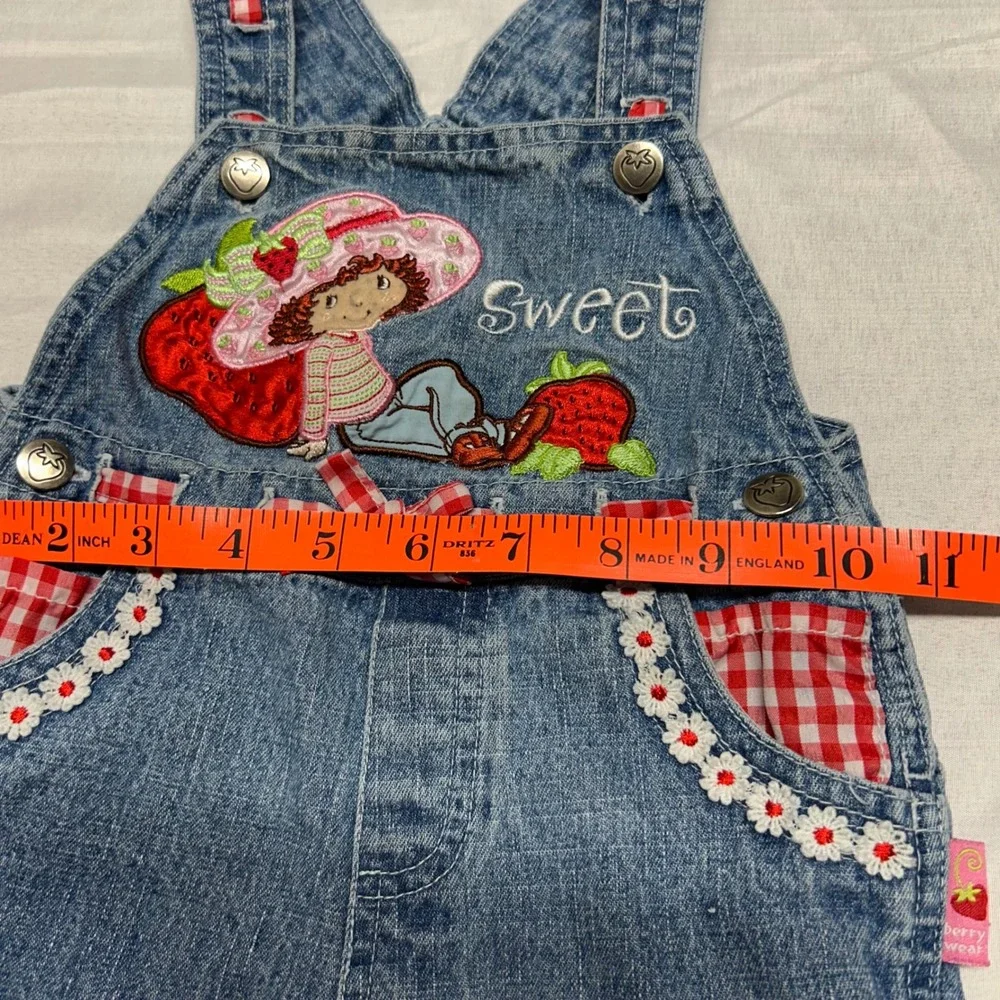 Vintage Strawberry Shortcake Denim Overalls Gingham Ruffle Shortalls 18M RN15435